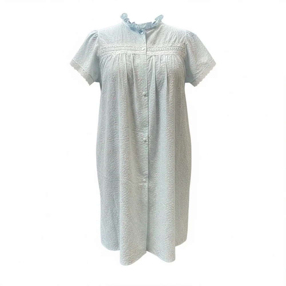 VINTAGE Made in USA Fascination 2X Blue Floral Button-Front Nightgown Lace Trim